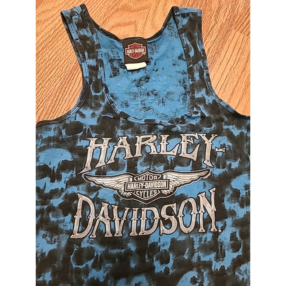 2013 Y2K Harley Davidson Women's Small Skull‎ Print Blue Studded Tank Top - Picture 2 of 7